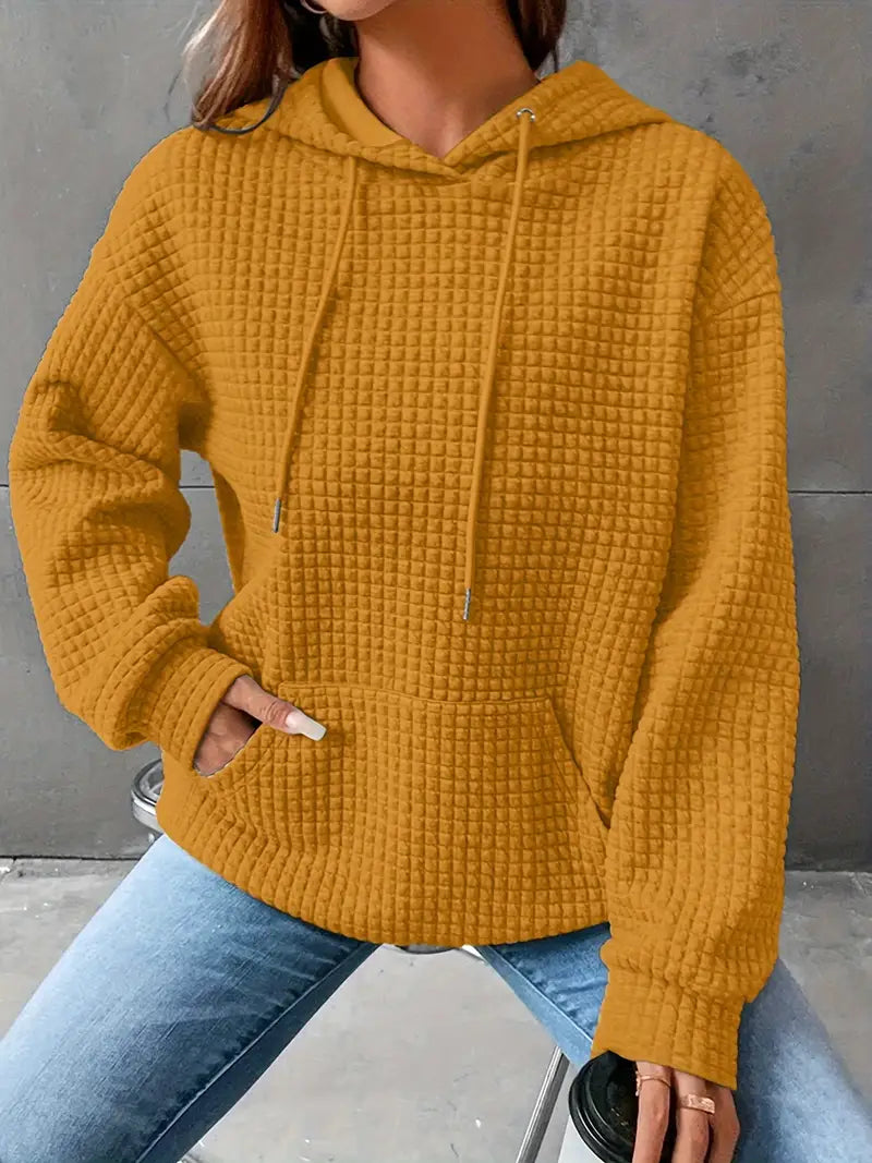 Waffle Grid Kangaroo Pocket Drawstring Hoodies Sweatshirt