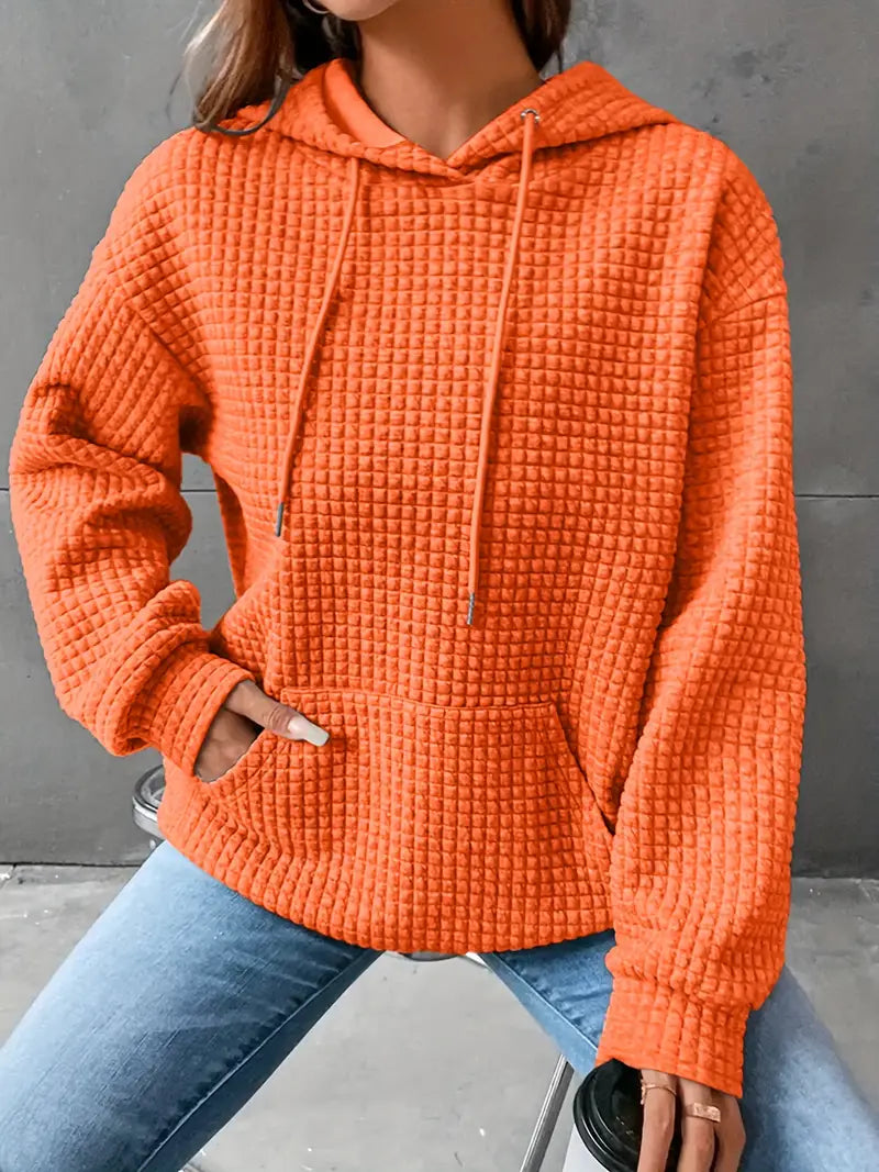Waffle Grid Kangaroo Pocket Drawstring Hoodies Sweatshirt